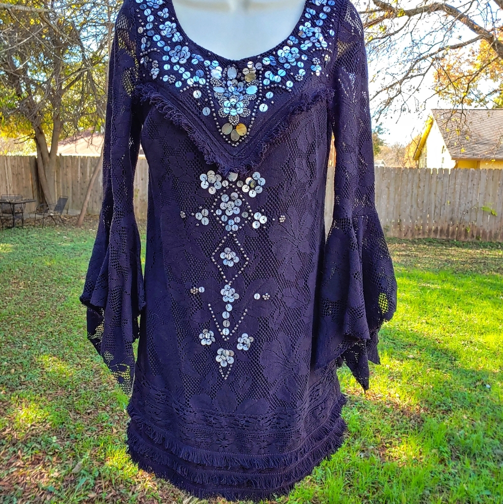 Black FREE PEOPLE boho cotton lace minidress sz 4